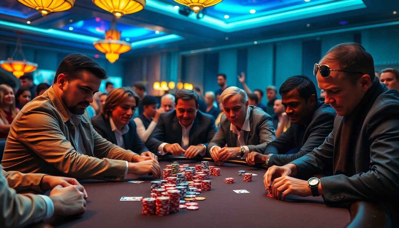 Experience a thrilling poker game with focused players and vibrant casino atmosphere.