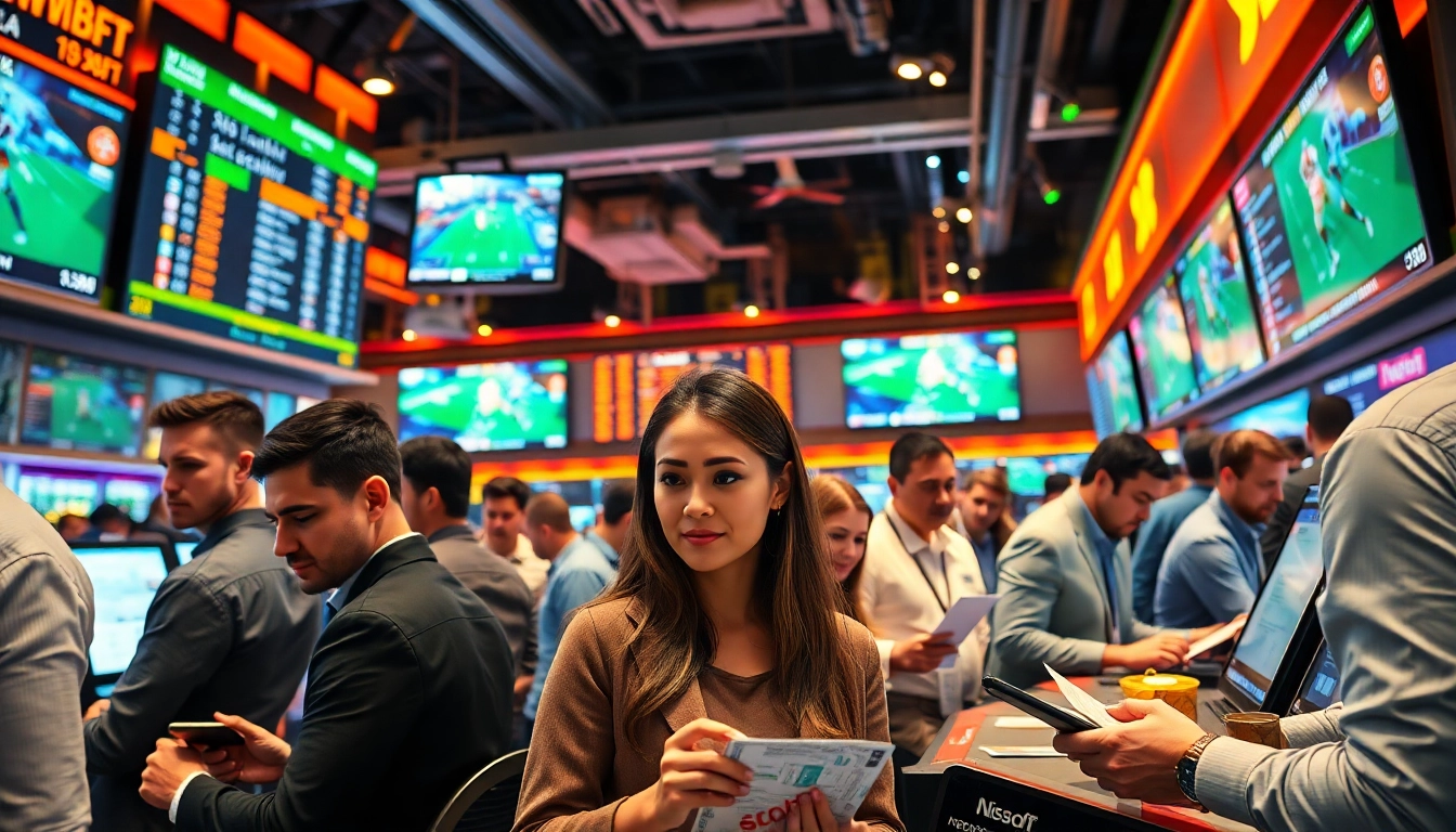 Engaged bettors in a dynamic sports betting environment, showcasing excitement and odds.