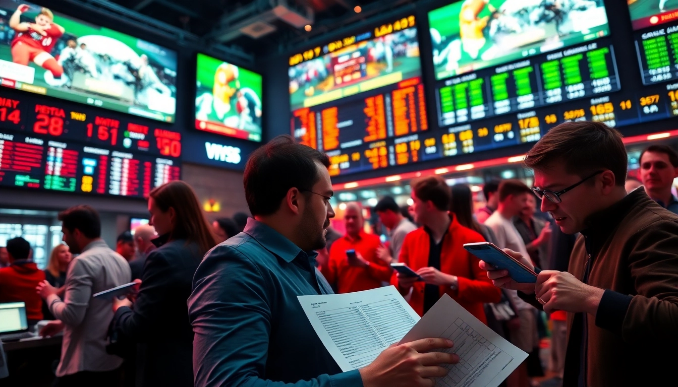 Engaging scene of online Betting with enthusiastic bettors in a vibrant sportsbook atmosphere.