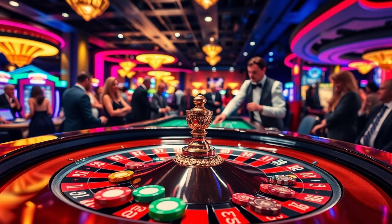 Casino roulette table with vibrant chips and energetic players in action