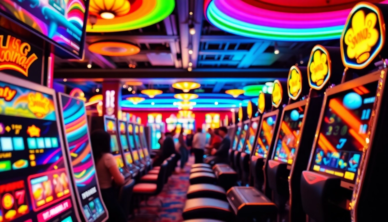Slot Game yang menarik di lingkungan kasino yang penuh warna dan cahaya cerah