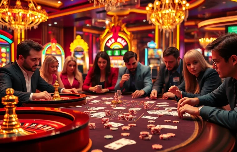 Exciting gambling scene featuring https://thabet.vegas/ with luxury casino tables, cards, and vibrant poker chips.