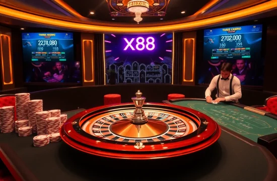 Play at xx88 online casino featuring vibrant poker chips and a spinning roulette wheel.