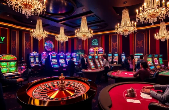 Experience RR88 excitement with a luxurious casino scene featuring roulette, cards, and slot machines.