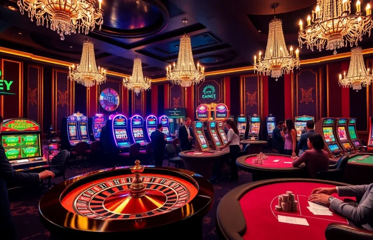 Experience RR88 excitement with a luxurious casino scene featuring roulette, cards, and slot machines.