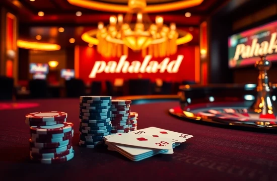Experience high-stakes gambling at pahala4d with poker chips and roulette in a luxurious casino setting.