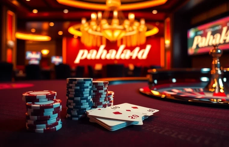Experience high-stakes gambling at pahala4d with poker chips and roulette in a luxurious casino setting.