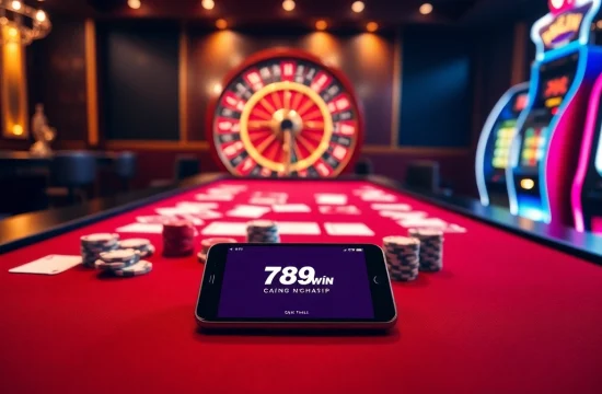 Engaging players at a luxurious casino with 789win đăng nhập on a mobile screen, poker chips, and a roulette wheel.