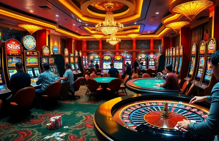 Situs slot gacor scene with players engaged at vibrant casino tables and exciting slot machines.