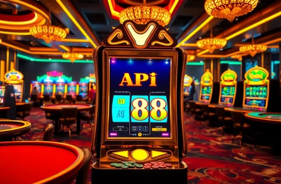 Engaging scene of players enjoying Slot API Raja 88 on a luxurious slot machine in a vibrant casino.
