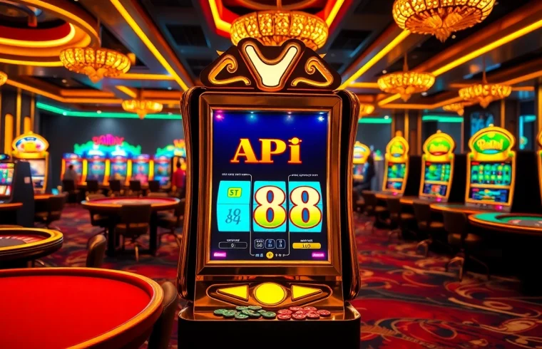 Engaging scene of players enjoying Slot API Raja 88 on a luxurious slot machine in a vibrant casino.
