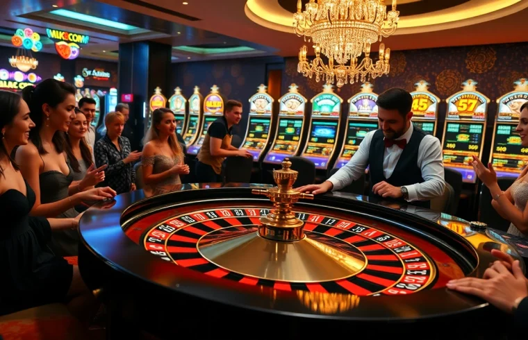 Players engaging in thrilling roulette at MK8.COM, surrounded by vibrant slot machines.