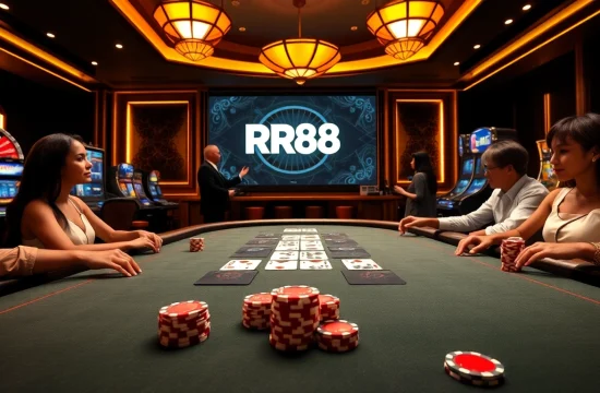 Players at the RR88 poker table excitedly compete for big wins in a luxurious casino atmosphere.