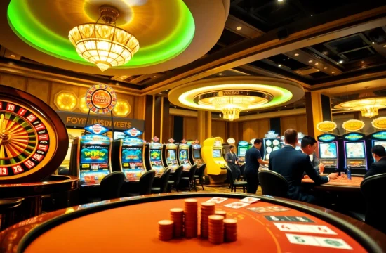 Experience the thrill of betting at KK55.com with a stunning casino scene featuring roulette and poker tables.