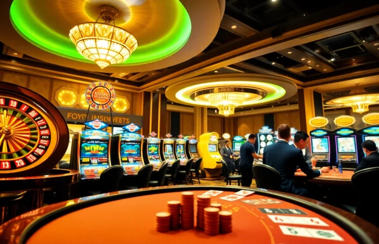 Experience the thrill of betting at KK55.com with a stunning casino scene featuring roulette and poker tables.