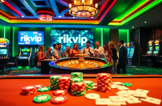 Experience the excitement of rikvip with a glamorous casino scene showcasing poker chips and roulette.