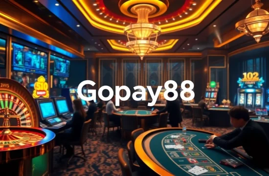 Gopay88 showcases an exciting online gambling experience with dynamic casino elements and vivid colors.