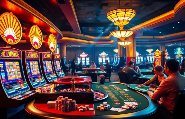 Experience excitement at the casino with link 88i as players engage with vibrant slot machines and poker.