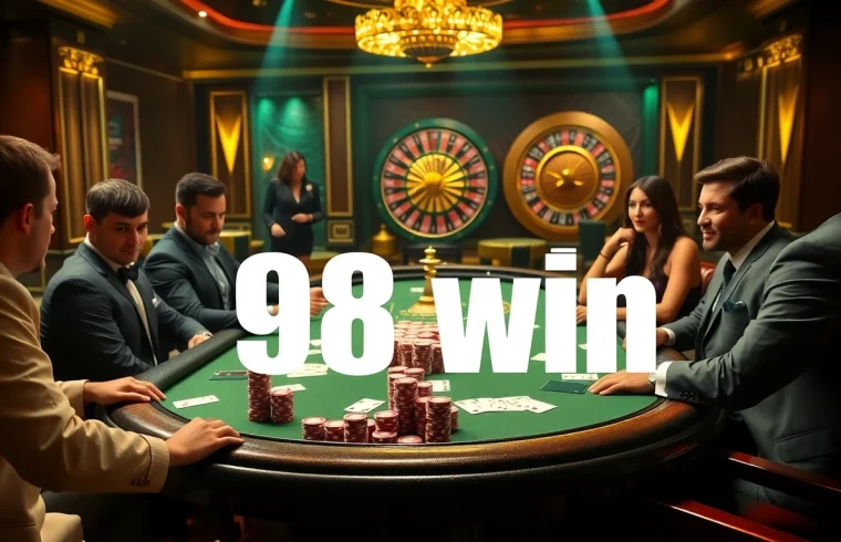 Players engaging in high-stakes poker at a glamorous casino, showcasing the thrill of 98 win.