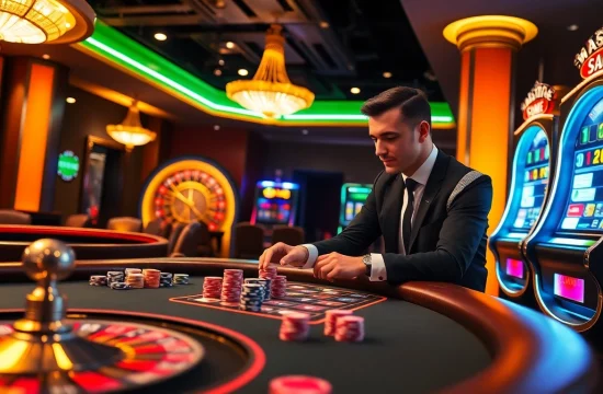 Experience kx8 excitement at a luxurious casino with poker tables and slot machines.