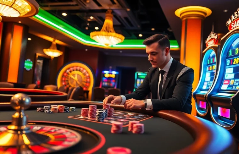 Experience kx8 excitement at a luxurious casino with poker tables and slot machines.