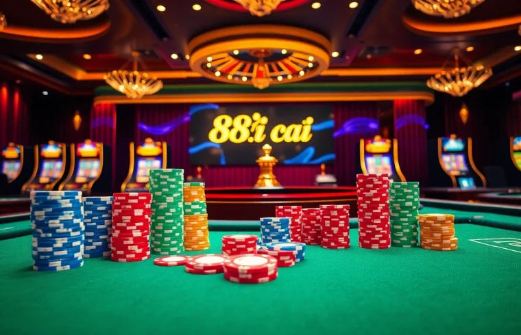 Experience thrilling games at 88i nhà cái with vibrant casino visuals featuring poker chips and roulette wheels.