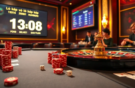 Excited gambler analyzing lô kép numbers at a vibrant casino table.