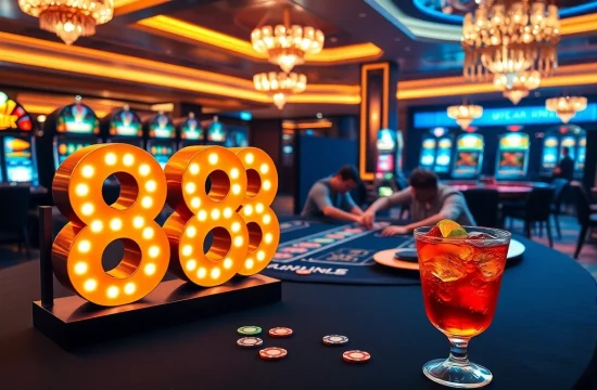 Experience excitement at U 888 with an illuminated casino scene featuring poker tables and colorful chips.