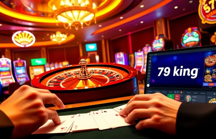 Players winning big at 79 king casino, surrounded by exciting slot machines and poker tables.